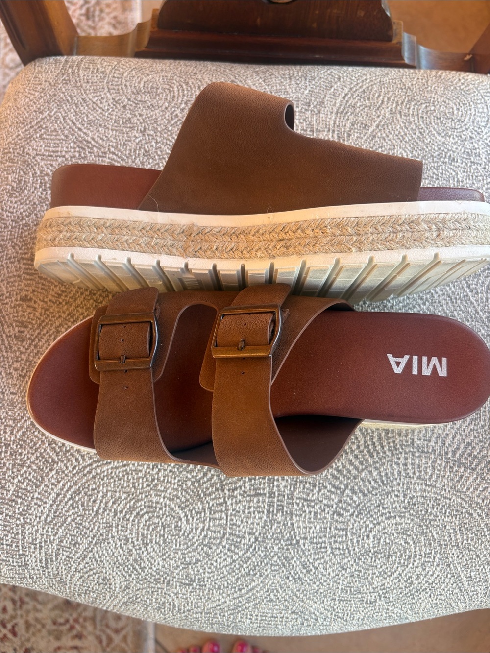 MIA Cognac Double-Buckle Platform Slide Sandals 1” wedge